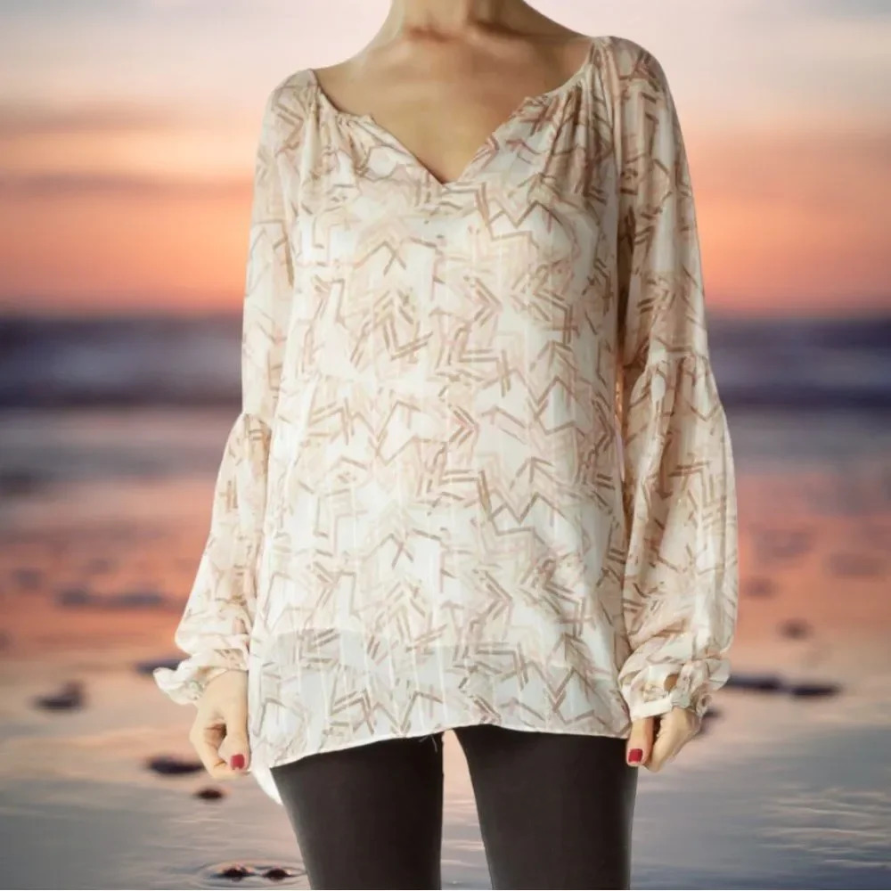 White House Black Market Geometric Print Shimmer Flowy V Neck Blouse size 6